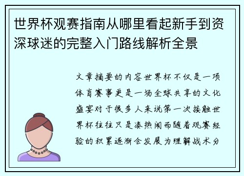 世界杯观赛指南从哪里看起新手到资深球迷的完整入门路线解析全景 世界杯观赛指南从哪里看起新手到资深球迷的完整入门路线解析全景